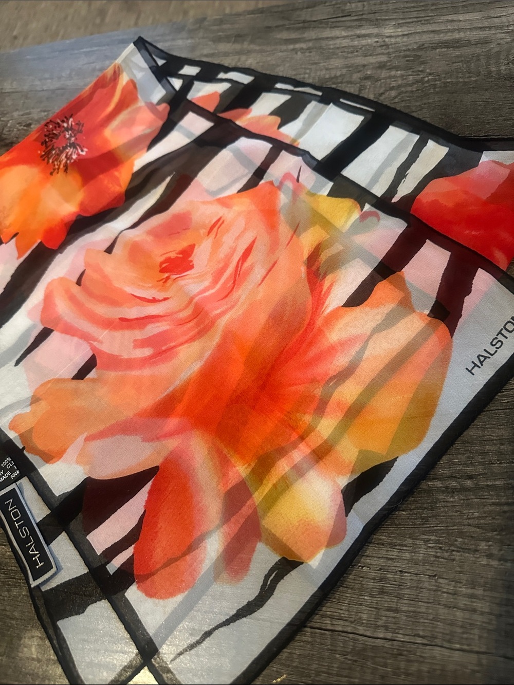 Halston Vintage Peony Zebra Sheer 100% Silk Scarf